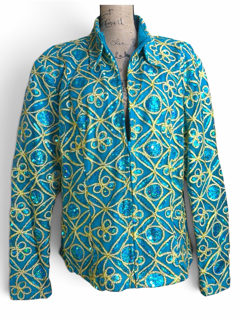 Hobby Horse Embellished Teal Sequin Jacket - Women's Statement Coat EC. Size 3X